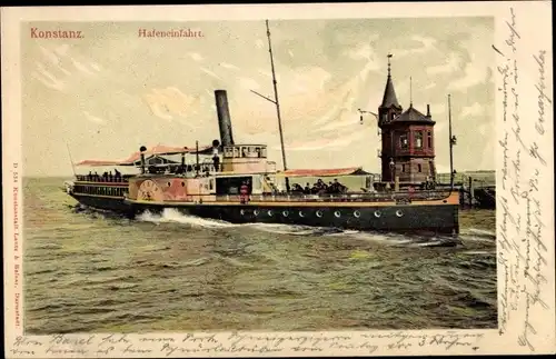 Litho Konstanz am Bodensee, Hafeneinfahrt, Raddampfer