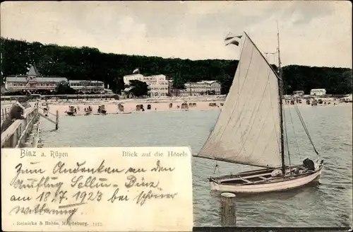 Ak Seebad Binz auf Rügen, Hotels, Segelboot, Strand, Anleger