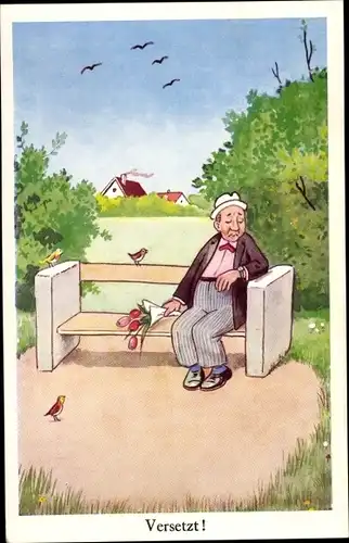 Ak Versetzt, Herr mit Tulpenstrauß auf einer Bank