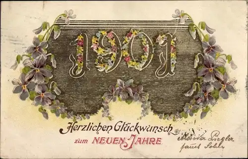 Litho Glückwunsch Neujahr 1901, Veilchen, Blumen