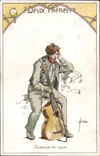 Künstler Ak Junger Mann mit Gitarre, Gitarrenspieler, Pause