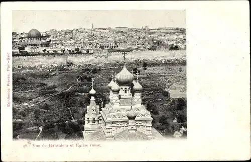 Ak Jerusalem Israel, Stadtpanorama, Russische Kirche, Stadtmauer