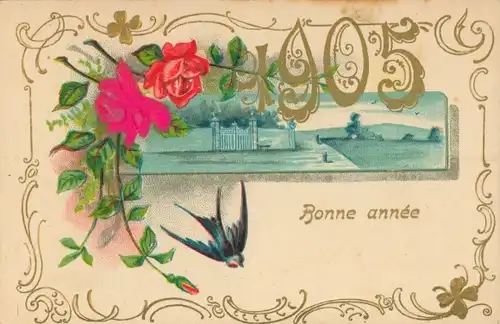 Stoff Präge Litho Glückwunsch Neujahr 1905, Schwalbe, Rosen
