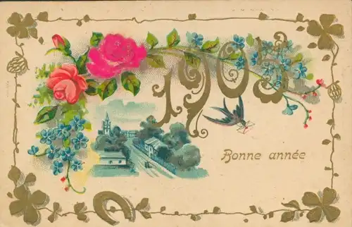 Stoff Präge Litho Glückwunsch Neujahr 1905, Glücksklee, Hufeisen, Rosen, Vergissmeinnicht