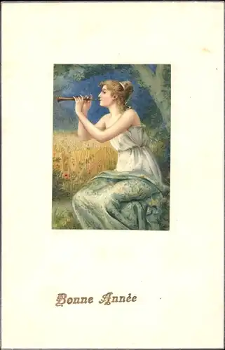 Präge Ak Glückwunsch Neujahr, Junge Frau spielt Flöte