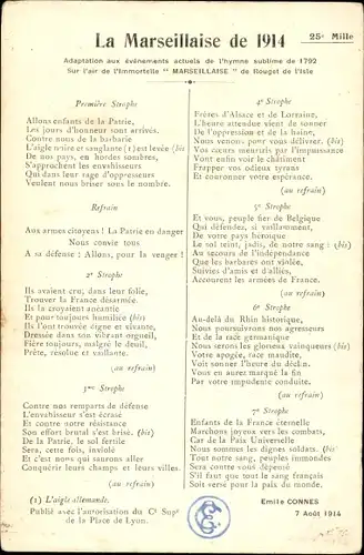 Lied Ak La Marseillaise von 1914, erste Strophe, Chor