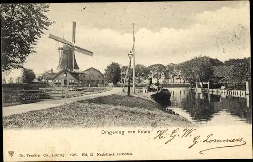 Ak Edam Volendam Nordholland Niederlande, Umgebung, Mühle, Kanal