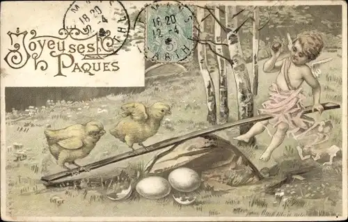 Litho Glückwunsch Ostern, Küken und Engel beim Wippen