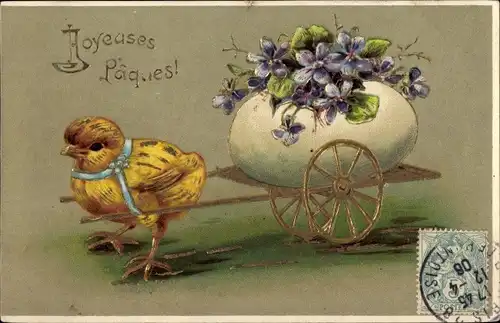 Präge Ak Glückwunsch Ostern, Küken, Veilchen, Osterei