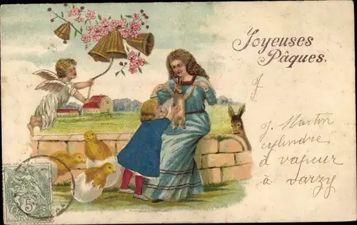 Präge Litho Glückwunsch Ostern, Kinder, Osterhasen, Küken, Glocken, Engel