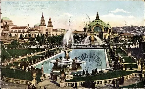 Ak San Francisco Kalifornien USA, Lagune und Brunnen im Südgarten, Panama Pacific Int. Exposition