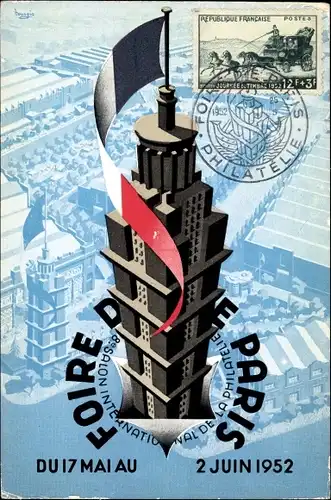 Ak Foire de Paris, 1952, Exposition National Philatelique, Hochhaus mit französischer Fahne