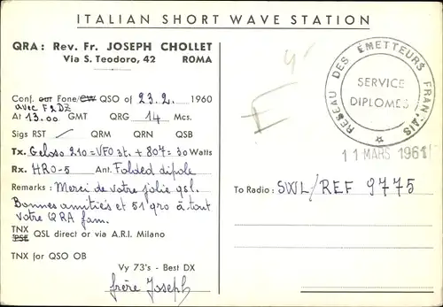 QSL Karte Rom Italien, I1FMC, Pax et Bonum, QRA: Rev Fr. Joseph Chollet, SWL/REF 9775