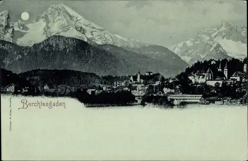 Mondschein Ak Berchtesgaden in Oberbayern, Ortsansicht, Gebirge