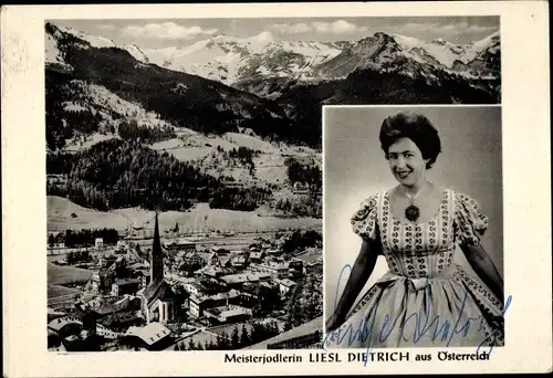 Ak Meisterjodlerin Liesl Dietrich aus Österreich, Winterpanorama, Portrait, Autogramm