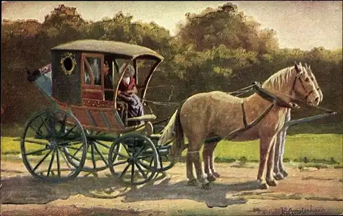 Künstler Ak Gerstenhauer, Johann Georg, Kutsche, niederländische Trachten