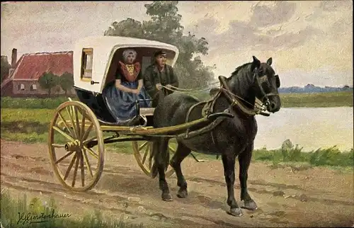Künstler Ak Gerstenhauer, Johann Georg, Kutsche, niederländische Trachten