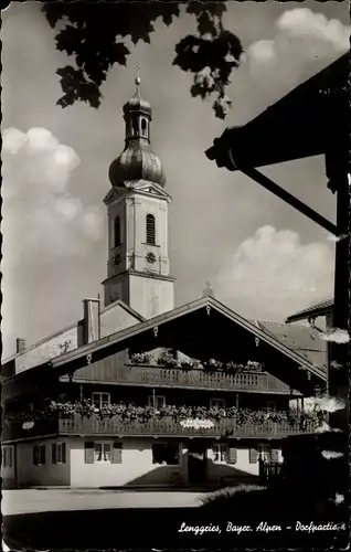 Ak Lenggries in Oberbayern, Dorfpartie, Kirchturm