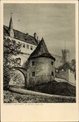 Künstler Ak Neumann, J., Füssen am Lech Allgäu, Auffahrt zum Hohen Schloss