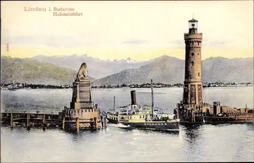 Ak Lindau am Bodensee Schwaben, Hafeneinfahrt, Leuchtturm, Denkmal, Schiff