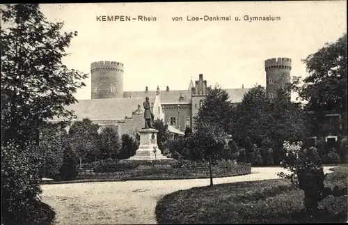 Ak Kempen am Niederrhein, von Loe-Denkmal, Gymnasium