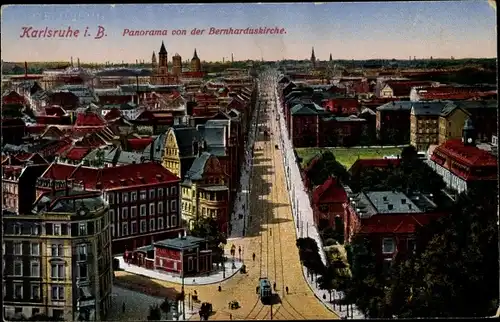 Ak Karlsruhe in Baden, Panorama, Blick von der Bernharduskirche, Straßenbahn