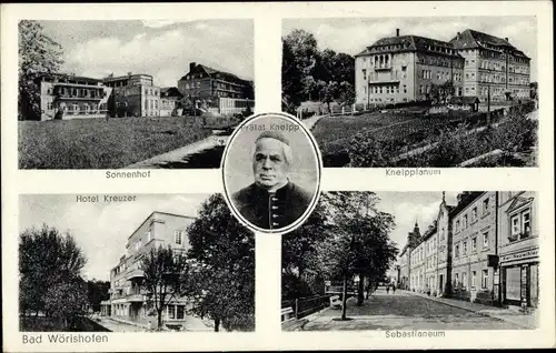 Ak Bad Wörishofen, Prälat Kneipp, Sebastianeum, Kneippianum, Sonnenhof, Hotel Kreuzer