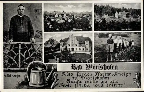 Ak Bad Wörishofen im Unterallgäu, Ortsansicht, Prälat Kneipp, Sonnenbichl, Kasino, Parade, Gedicht