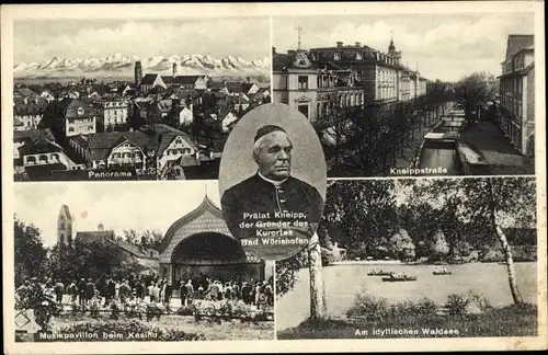 Ak Bad Wörishofen, Panorama, Kneippstraße, Musikpavillon beim Kasino, Prälat Kneipp, Waldsee