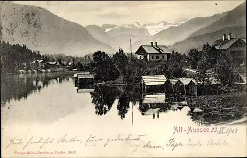 Ak Altaussee Steiermark, Ortsansicht, Gewässer, Berge, Bootshäuser