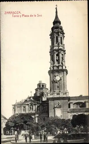 Ak Zaragoza Zaragoza Aragon, Turm und Plaza de la Seo