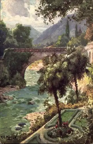 Künstler Ak Höger, R. A., Meran Merano Südtirol, Brücke, Fluss, Palmen