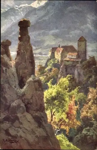 Künstler Ak Höger, R. A., Meran Merano Südtirol, Schloss, Felsen