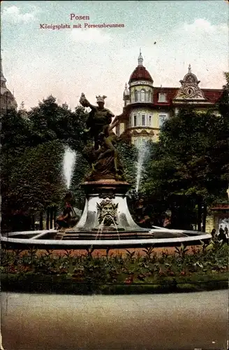 Ak Poznań Posen, Königsplatz, Perseusbrunnen