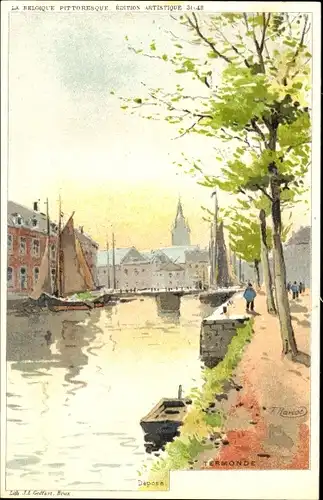 Künstler Litho Ranot, F., Dendermonde Ostflandern Belgien, Flusspartie, Segelboote