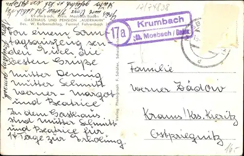 Ak Krumbach Limbach in Baden, Gesamtansicht, Gasthaus Pension Auerhahn, Schulhaus