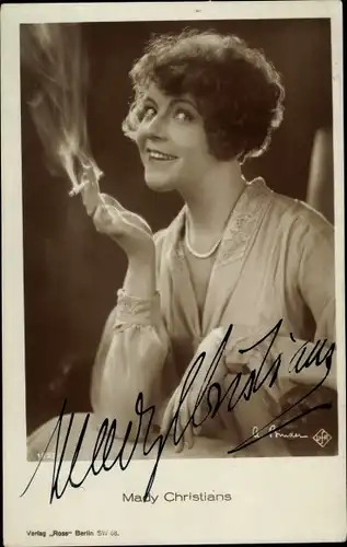 Ak Schauspielerin Mady Christians,  Portrait, Zigarette, Autogramm