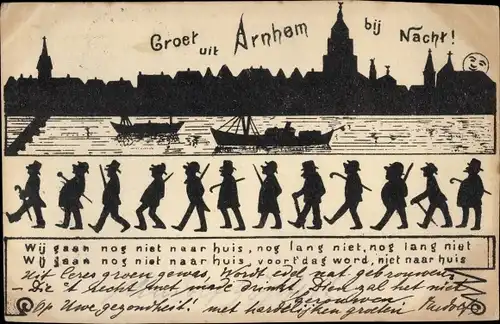 Scherenschnitt Ak Arnhem Gelderland Niederlande, Männer, Kirche, Boote