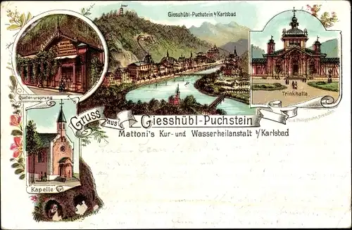 Litho Kyselka Gießhübl Puchstein Sauerbrunn Region Karlsbad, Mattoni's Kur- und Wasserheilanstalt
