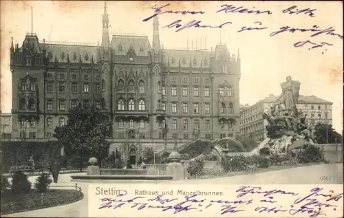 Ak Szczecin Stettin Pommern, Rathaus, Manzelbrunnen