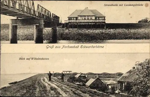 Ak Eckwarderhörne Butjadingen Wesermarsch, Strandallee, Landungsbrücke, Blick auf  Wilhelmshaven