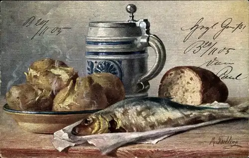Künstler Ak Billing, M., Fisch, Kartoffeln, Bierkrug, Brot, Stillleben