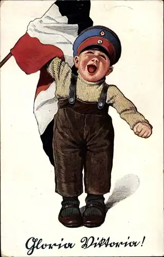 Künstler Ak Gloria Viktoria, Kleiner Junge in Uniform, Fahne