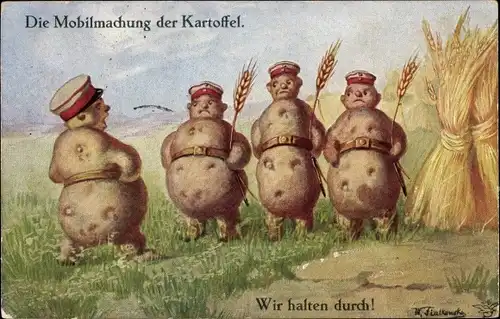 Künstler Ak Fialkowska, Wally, Die Mobilmachung der Kartoffel, Wir halten durch, Vermenschlichtes
