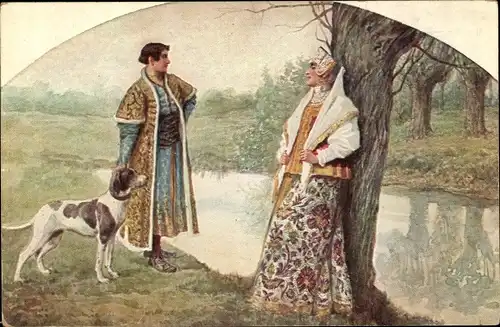 Künstler Ak Solomko, Das Zusammentreffen, russische Trachten