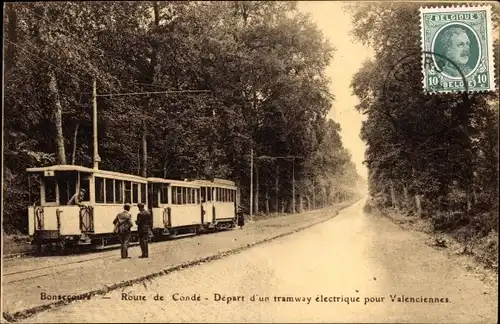 Ak Bon Secours Bonsecours Péruwelz Hennegau, Route de Conde, Straßenbahn