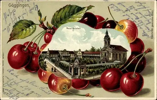 Präge Passepartout Litho Göggingen Augsburg in Schwaben, Neue Anstalt, Kirschen