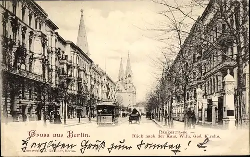 Ak Berlin Charlottenburg, Rankestraße, Kaiser-Wilhelm-Gedächtniskirche, Tram-Nr. 52