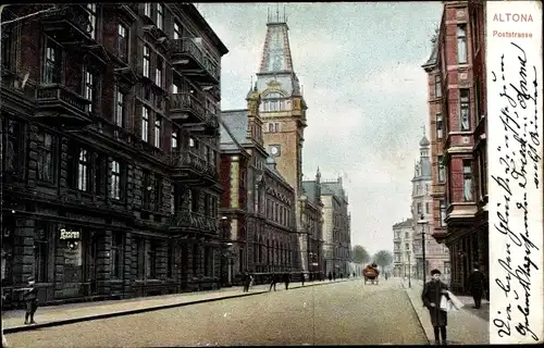 Ak Hamburg Altona, Blick in die Poststraße, Zeitungsjunge, Turm, Barbier