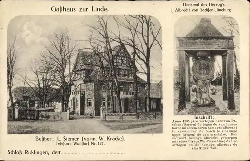 Ak Schloß Ricklingen Garbsen in Niedersachsen, Gasthaus zur Linde, Denkmal des Herzogs